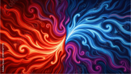 Vibrant swirling patterns of red and blue hues merging in a dynamic abstract illustration