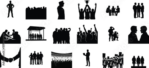 Collection of black silhouettes depicting various human figures and crowds