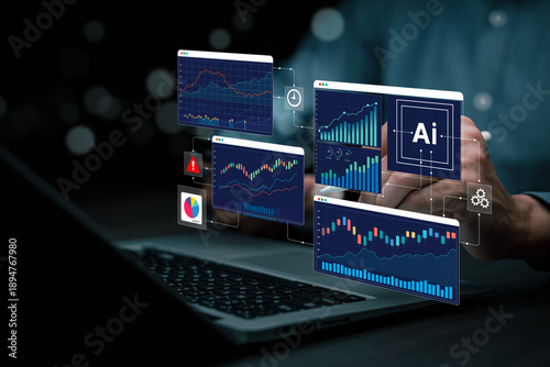 AI powered business analytics dashboard with data visualization and performance charts, representing artificial intelligence technology for data driven decision making, automation and enterprise