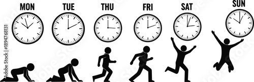 Weekly work motivation concept illustration with clocks and human progression silhouettes, workweek to weekend productivity timeline vector