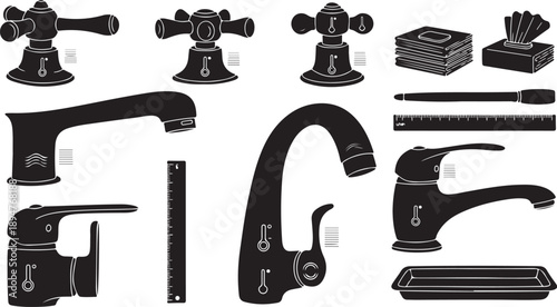 Black and white illustration of various faucet designs collection