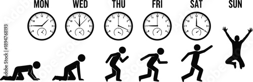 Weekly work routine concept illustration with clocks and human silhouette progression, workdays to weekend productivity timeline vector