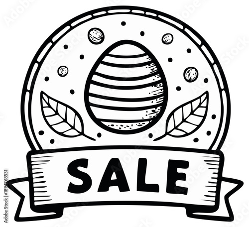 Easter egg sale banner with leaves and dots in black and white sketchy design