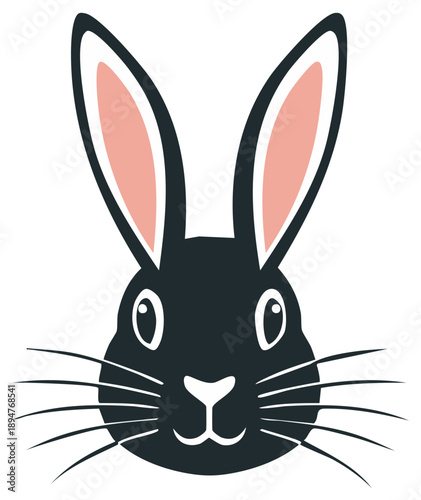Stylized Black Rabbit Face with Long Ears and Whiskers