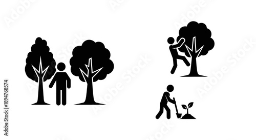 People interacting with trees in different ways.