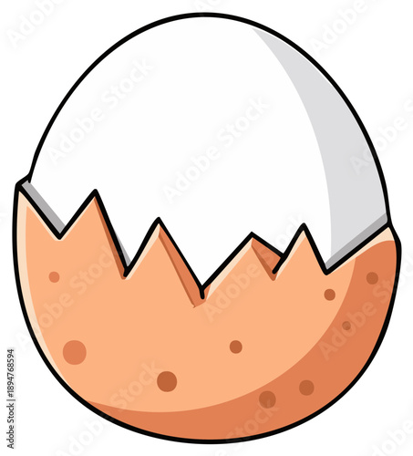 Cartoon cracked eggshell with jagged edge and brown spots, illustration of cracked egg, hatching concept