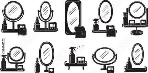 Various Bathroom Mirrors and Vanity Icons in Black Outline