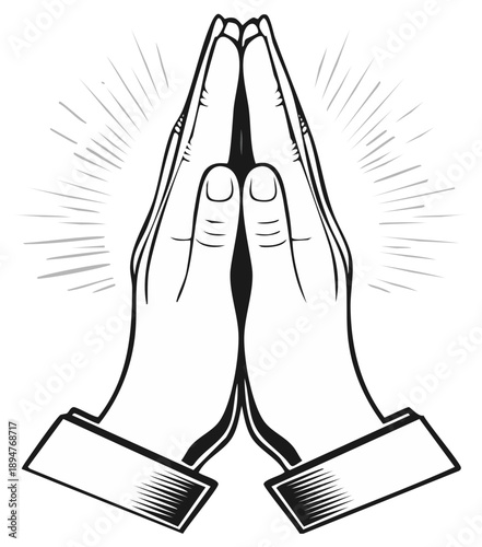 Line Art Illustration of Clasped Hands in Prayer, Religious Symbolism and Spiritual Grace