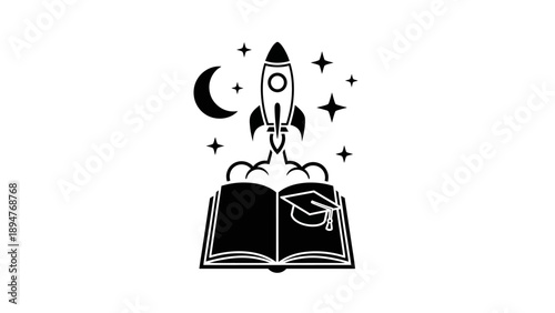 Open book with rocket launching into starry night sky.