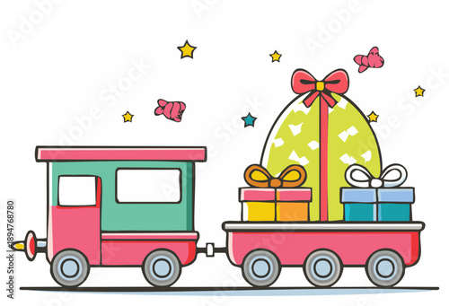 Cute cartoon train delivering a large decorated egg and gift boxes for a holiday celebration
