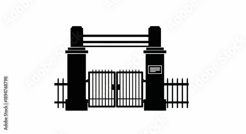 Ornate Black Metal Entrance Gate with Pillars and Fence.