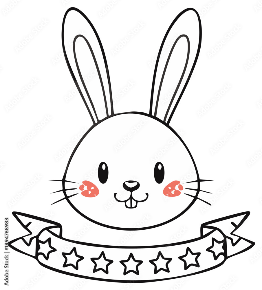Obraz premium Cute Rabbit Head with Stars Banner Illustration for Coloring or Design