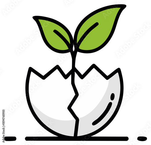 Illustration of a plant sprouting from a cracked eggshell, representing growth and new life