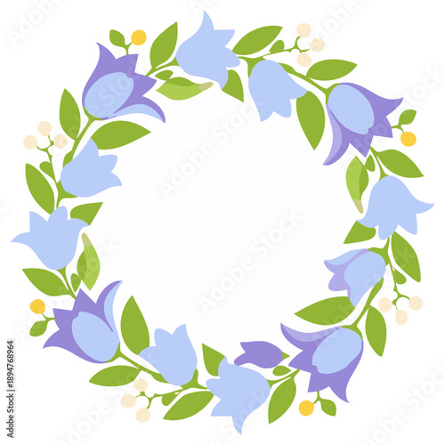 Delicate Blue and Purple Bell Flower Wreath with Green Leaves and Yellow Berries