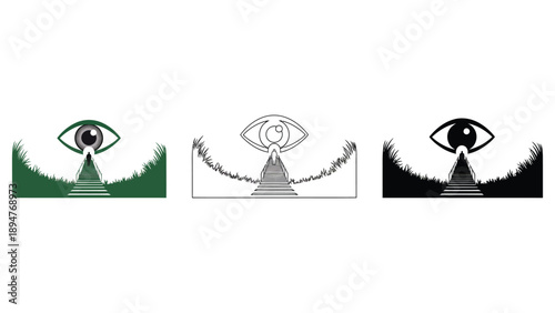 Three stylized images of an eye looking down a path.