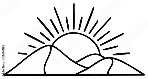 Sunrise over stylized mountains in a simple line art drawing