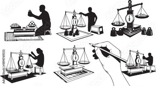 Justice and balance concept with scales and people working