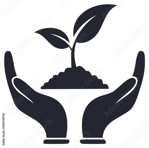 Hands holding a sprouting seedling, representing growth, care, nature, and a sustainable future. Line art, black on white.