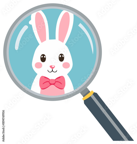 Cute white cartoon rabbit with pink bow tie magnified in a magnifying glass illustration