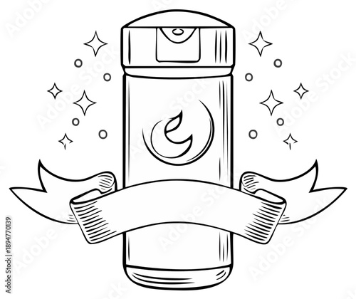 Outline drawing of a shaker bottle with ribbon and sparkles