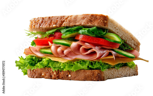 Sandwich delight A mouthwatering sandwich, bursting with fresh ingredients such as ham, cheese, and colorful vegetables, evokes feelings of taste and satisfaction.