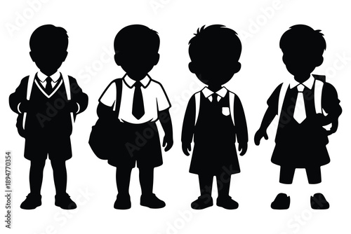 Four black silhouette children in school uniforms with backpacks