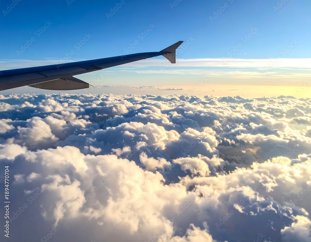 Obraz premium Aerial view of plane wing over fluffy clouds, blue sky