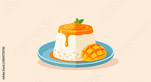 Creamy dessert with vibrant mango and a sprig of mint