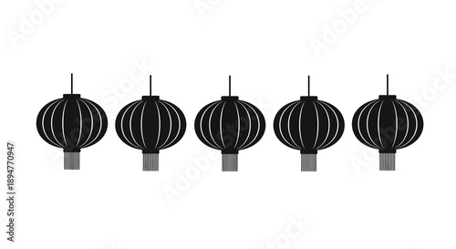 Illustration of five black silhouette lanterns for Chinese New Year 2022 decoration, design element or icon in a simple, iconic style against a clean white background.