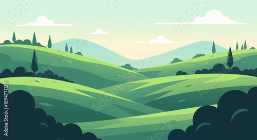 Gentle green hills roll under a pastel sky with fluffy clouds
