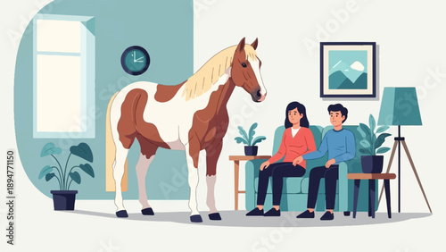 Horse in living room with couple on sofa