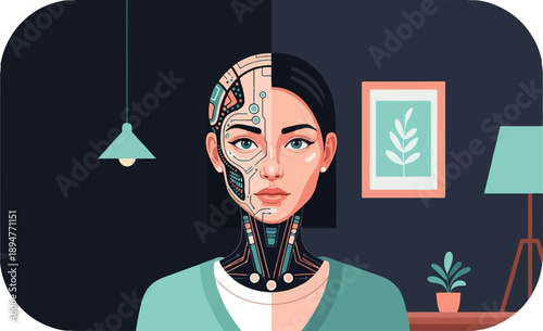 Half human, half robot face merging in modern room
