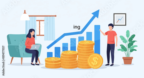 Growing wealth A person works from home while another observes financial progress