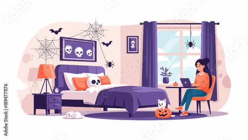 Halloween bedroom decor with a girl working on laptop and cat
