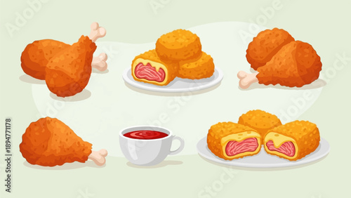 Crispy fried chicken and bite-sized meat appetizers with a dipping sauce