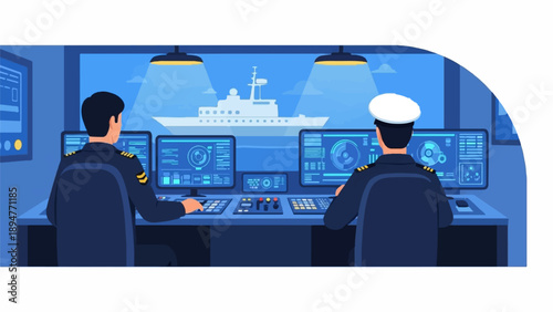Crew in uniform monitors ship operations on computer screens