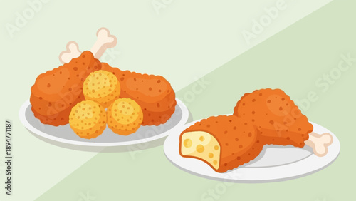 Crispy golden fried chicken and cheese balls on white plates