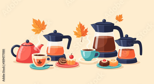 Hot beverages and sweet treats with autumn leaves create cozy fall season ambiance