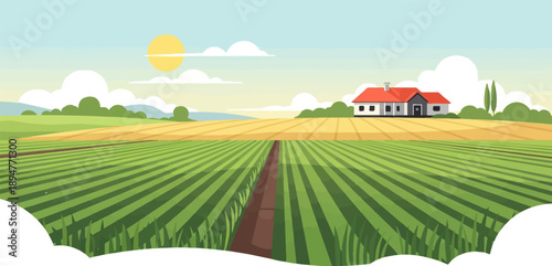 Idyllic rural landscape with green fields and a distant farmhouse