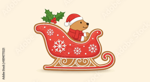 Cute bear in gingerbread sleigh with holly decoration