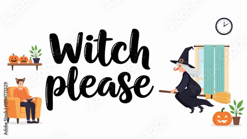 Halloween scene with witch flying, pumpkins, and man in cat ears