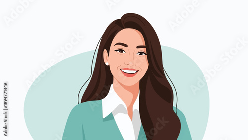 Illustrated portrait of a smiling woman with long brown hair wearing a teal jacket and white shirt
