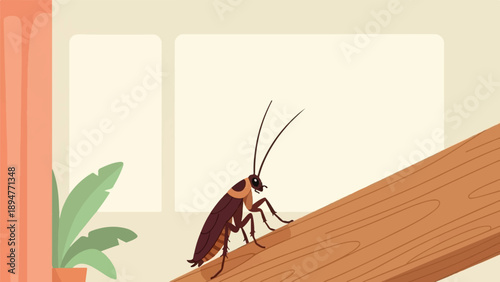 Illustration of a cockroach climbing a wooden plank indoors with plants