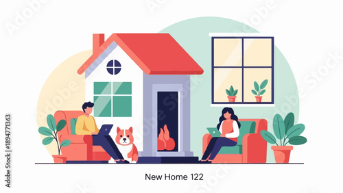 Illustration of a couple working at home with their dog