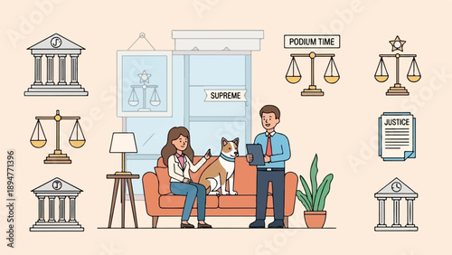 Illustration of a legal consultation with a woman, man, and dog, surrounded by legal symbols