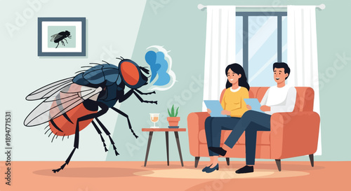 Giant fly annoys couple relaxing on sofa with tablets at home
