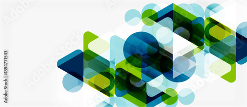 Abstract geometric shapes overlap, creating vibrant blue, green tones. Minimalist design suggests technology, innovation, modern aesthetics.