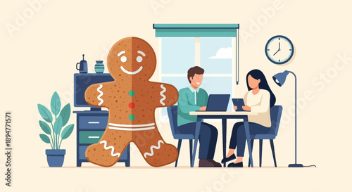Giant gingerbread man stands with two people working at a table