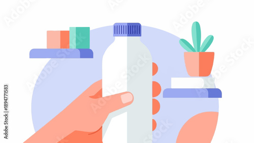Hand holds a white bottle with a blue cap, shelf with items, potted plant on books