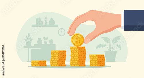 Hand stacking golden coins on a growing money pile